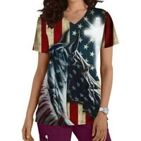 Женски V-образно деколте американски флаг празнична звезда ивица отпечатани патриотични скраб върхове за жени работни дрехи