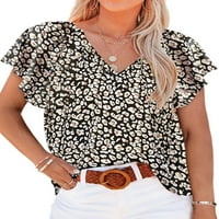 Разхлабена торбичка лятна риза за жени Fashion V Neck Ruffle Tunic върхове с къс ръкав флорална блуза ежедневен плаж отгоре