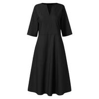 Женски рокли с дължина на лакът а-лайн рокля, модна солидна летна рокля с v-образно деколте черна xl