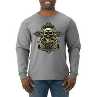 Wild Bobby, Brotherhood Biker Motorcycles Cross and Skull Pop Culture Мъжки риза с дълъг ръкав, винтидж Heather Navy, голям