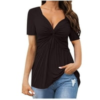 Ризи на Dyegold за жени модерни летни къси ръкав v Врат предни въртящи се върхове на туники небрежни свободни монтирани плътни цветни тениски