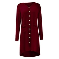 Жени плътни цветове единичен дълъг ръкав v вратни жители пуловери дълги якета ежедневни палта с джобове червено l