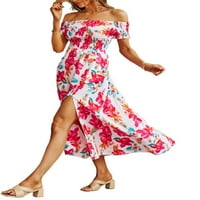 Една отваряща се женска лятна рокля, от рамо плисирана еластична гърда флорален модел щампа с късо ръкав странична пола с разделителна пола