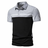 Поло ризи за мъже свободни годни цветни блок пачуърк бутон за ревера яка с къс ръкав тениска небрежно дишащ разтеглив пуловер горен сив xxl