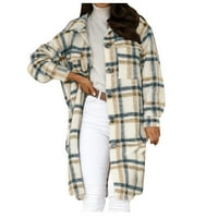 Зимни дрехи за жени Женски кариран дълъг вълнен палто якета за ракета с дълъг ръкав с дълъг ръкав надолу ежедневно гадже фланелни ризи
