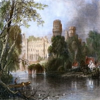 Англия: Замъкът Уоруик. Замъкът Nwarwick, Уорикшир, Англия, на река Ейвън. Стоманена гравиране, 19 век. Печат на плакат от