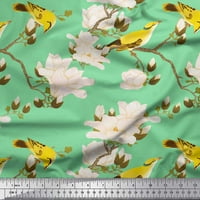 Soimoi Green Rayon Flab Floral & Leaves Bird Bird Print Sheing Fabric Wide Yard