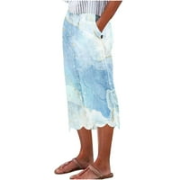 Cacommark Pi Женски панталони плюс размери разтвор жени летни ежедневни печат джоб панталони панталони неправилно дантела прав крак панталони каприс светло синьо