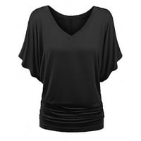 Moonker дамски върхове ризи за жени върхове за жени ежедневна тениска солидна V-образно деколте с ръкав сгъваем подгъваем тениска отгоре плюс размер 2xl черно