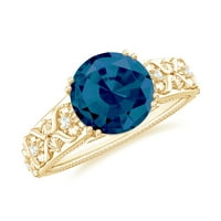 CT London Blue Topaz и Diamond годежен пръстен, флорален вдъхновен пръстен, 14K жълто злато, US 7.50
