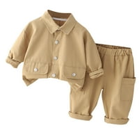 Сладък джобни бутон с дълъг ръкав Най-добри панталони комплект деца детски костюм за момчета момичета каки размер 2- години
