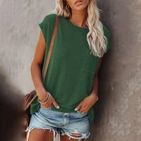 Alueeu дамски летни върхове Небрежни разхлабени плътни цветни джобни джобни тениски с къс ръкав зелено xxl