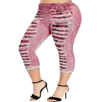 Glonme Ladies Fake Jeans Разкъсани гамаши от печат Изрязани фау деним панталон, работещ с меки панталони с молив, тънък прилягане на високата талия на талията розово xl