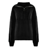 Продажби дамски половин цип пуловери есен моден фенер ръкав ревера яка плетка с твърд цвят ежедневен джъмпер пуловер пуловери за жени черни s