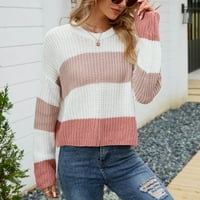 tklpehg дамски пуловер върхове с дълъг ръкав мода ежедневен цветен блок пачуърк плетен пуловер есен зимен топъл пуловер хлабав кръгъл пуловер пуловер пуловер пуловери розово m
