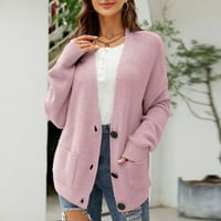 Zunfeo пуловери за жени- Дълъг ръкав плетен свободен годен солиден бутон надолу с V-образно деколте падайте отворен фронт с Pocekets розов XL