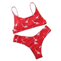 Smihono Women Bikini Bikini Swimsuit Cartoon Dinosaur Print Beachwear Лятна мода Уютни тоалети за момичета без гръб секси бански костюми Западнаха гърди за бански костюм женски свободно време червено 8