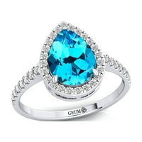 Сватбен пръстен на Swiss Blue Topaz Dimond, плътно златен ореол, пръстен за годеж, пръстен за раждане през декември