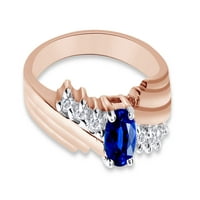 Овална форма Натурален диамант и симулиран син сапфир в 14K розово злато над стерлингов сребърен пръстен с размер 9.5