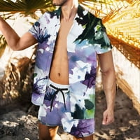 Мъжки ретро хавайски ризи с къси ръкави за шорти за шорти на шорти на теглене на всички флорални печатни комплекти летни плажове за сърфиране анцузи