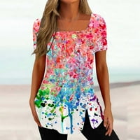 Penkiiy Fashion Womens Небрежно отпечатани квадратни копчета с къс ръкав върхове на разхлабени блузи t -ризи за жени пакети s multicolor on clearance