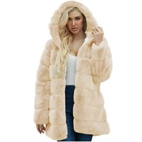 Жени Fau Fur Coat, жени Зимни топли палта Fau палто топло пухкаво яке Fau с дълъг ръкав с качулки