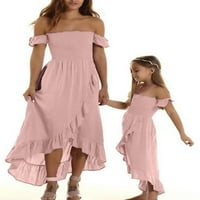 Puloru родител-дете рокля извън рамо с разрошен подгъв розово облекло