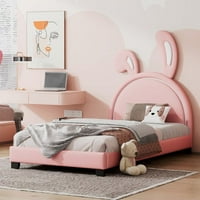 Тапицирана кожена платформа с двойно легло с орнамент на заек, розово