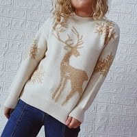 Кардигански пуловери за жени Женски моден ежедневен коледна печат дълъг ръкав пуловер пуловер бежов