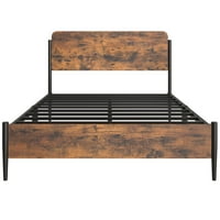 Yartaka Queen Metal Platform Bed Frame с дървена табло и табло за възрастни, кафяво